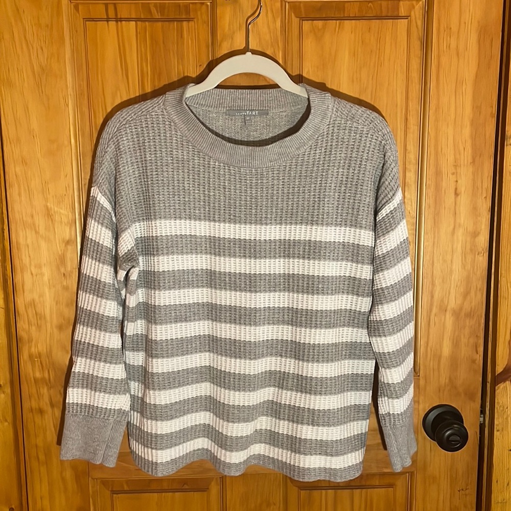 🍋LemonTart Sweater Ribbed Stretch Knit Striped Round Neck Long Sleeve Gray EUC